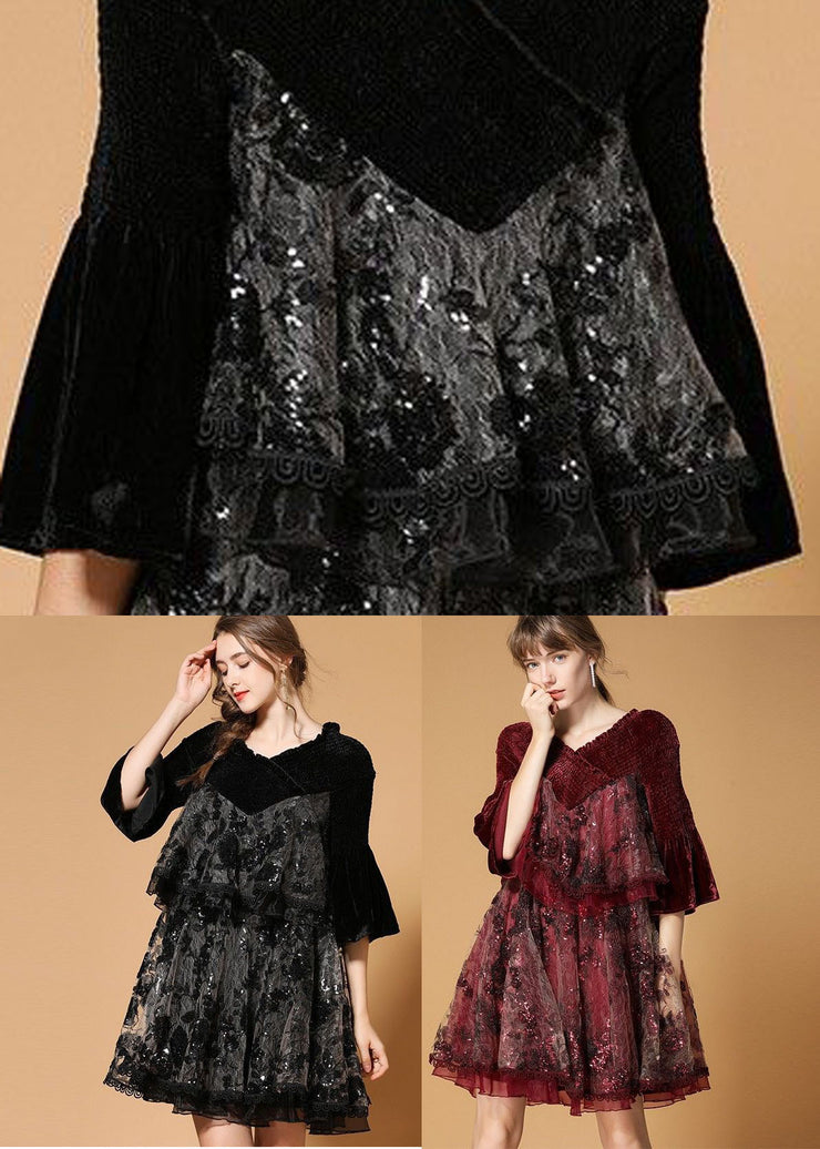 Beautiful Mulberry V Neck Organza Patchwork Silk Velour Dresses Flare Sleeve