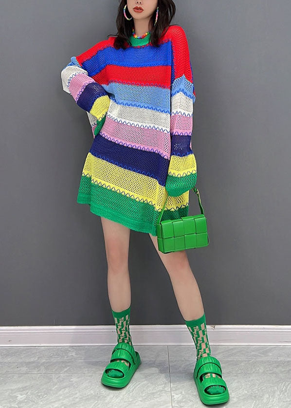Beautiful Multi Striped O-Neck Hollow Out Knit Sweater Dress Winter
