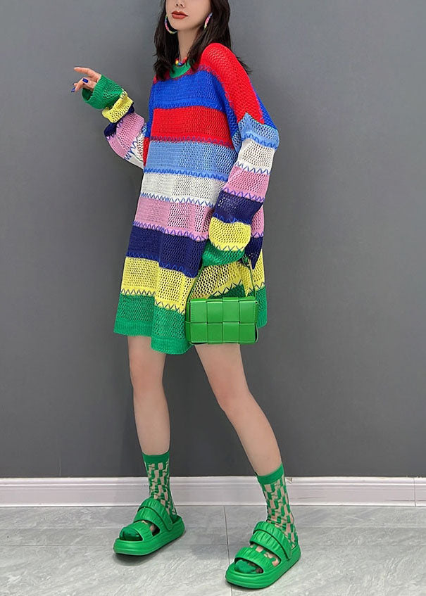 Beautiful Multi Striped O-Neck Hollow Out Knit Sweater Dress Winter