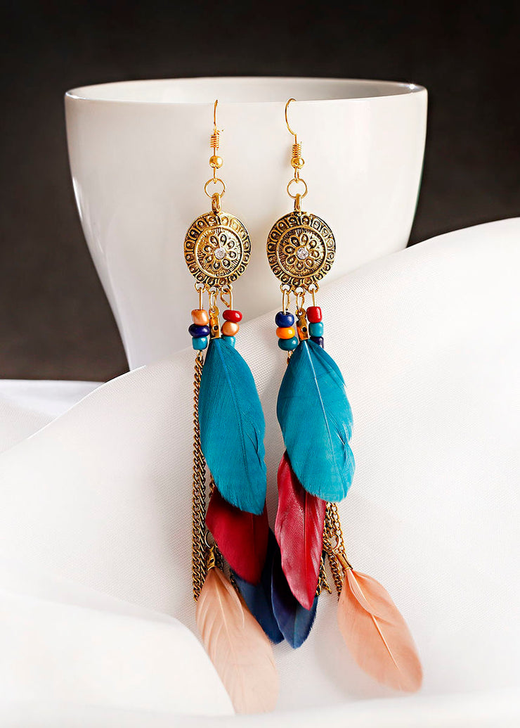 Beautiful Multicolour Feather Tassel Metal Drop Earrings