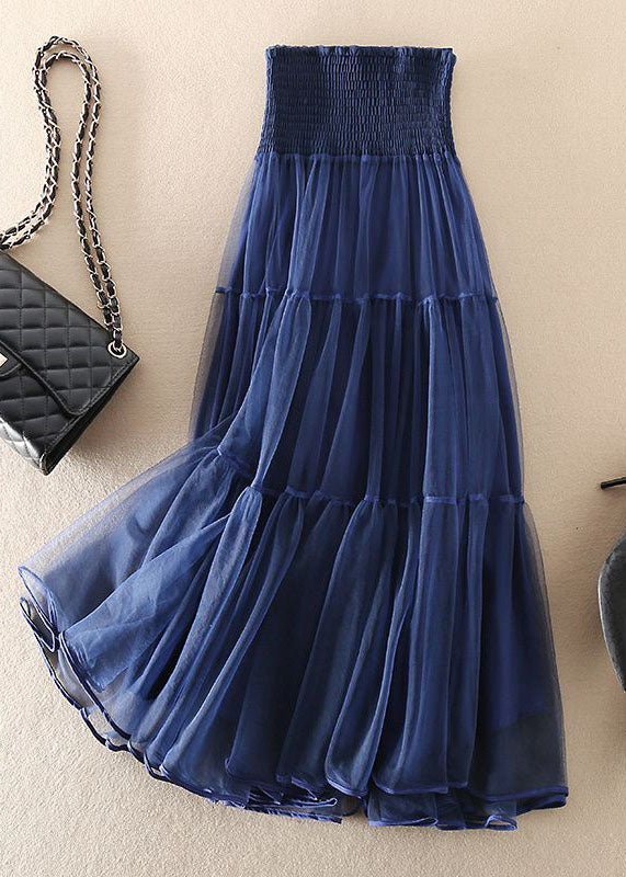 Beautiful Navy High Waist Patchwork Tulle Pleated Skirt Spring