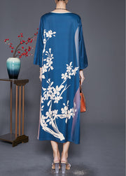 Beautiful Navy Oversized Print Silk Long Dress Fall