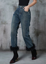 Beautiful Navy Patchwork Feather Denim Pants Trousers Spring