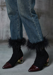 Beautiful Navy Patchwork Feather Denim Pants Trousers Spring