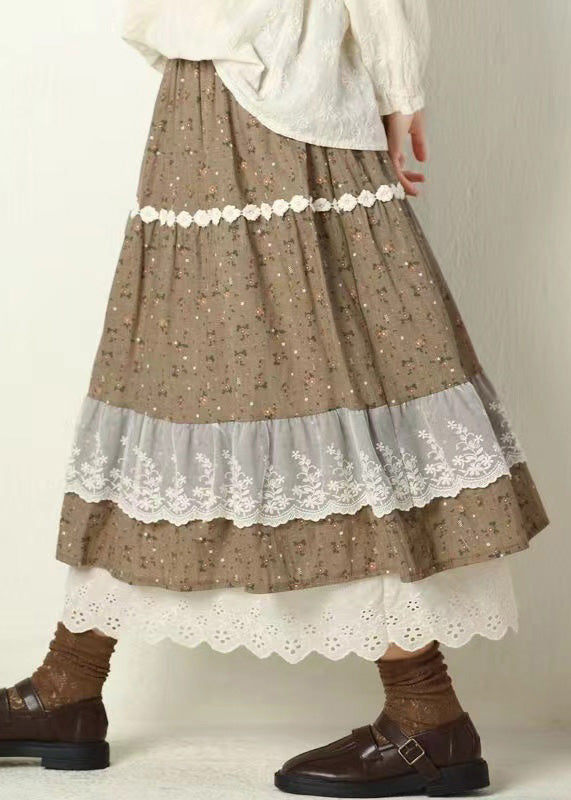 Beautiful Navy Print Lace Elastic Waist Cotton Skirt Spring