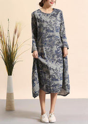 Beautiful Navy Print Quilting Dresses O Neck Pockets Maxi Dresses - SooLinen