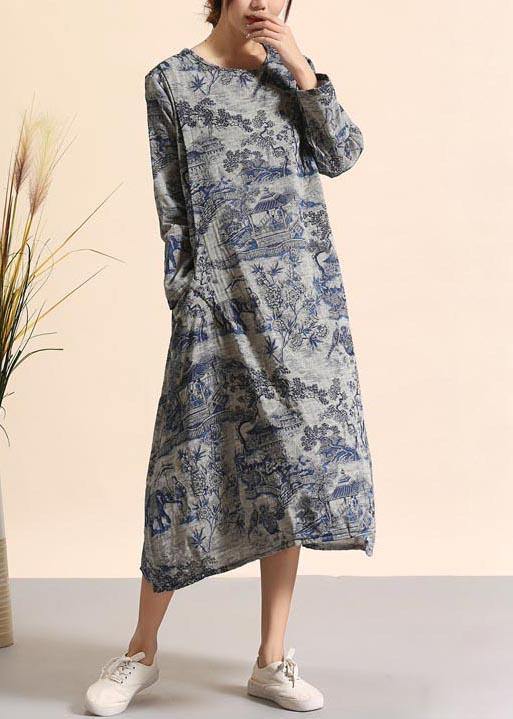 Beautiful Navy Print Quilting Dresses O Neck Pockets Maxi Dresses - SooLinen