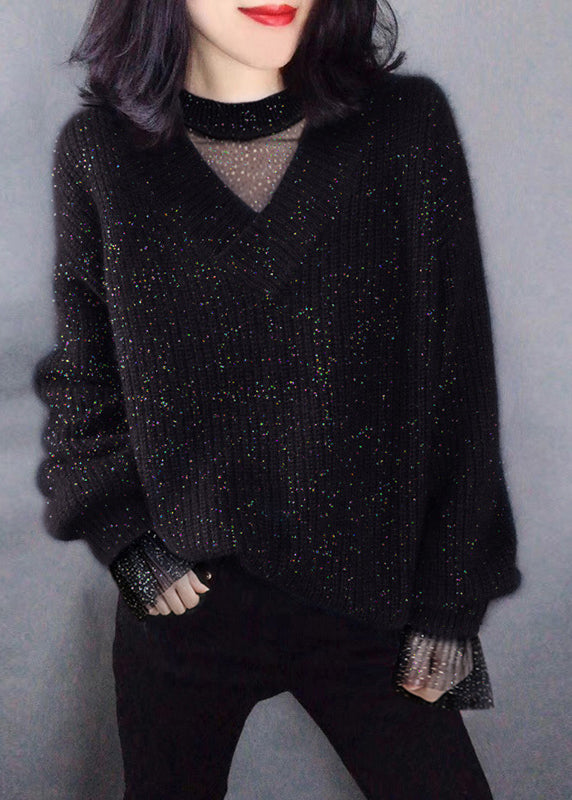 Beautiful Navy Sequins Hollow Out Knit Sweaters Winter