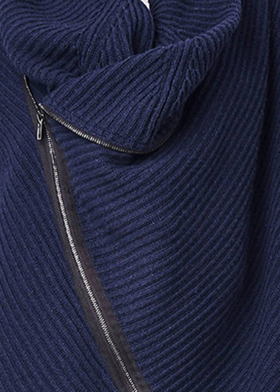 Beautiful Navy Turtle Neck Asymmetrical Zippered Knit Sweater Tops Winter