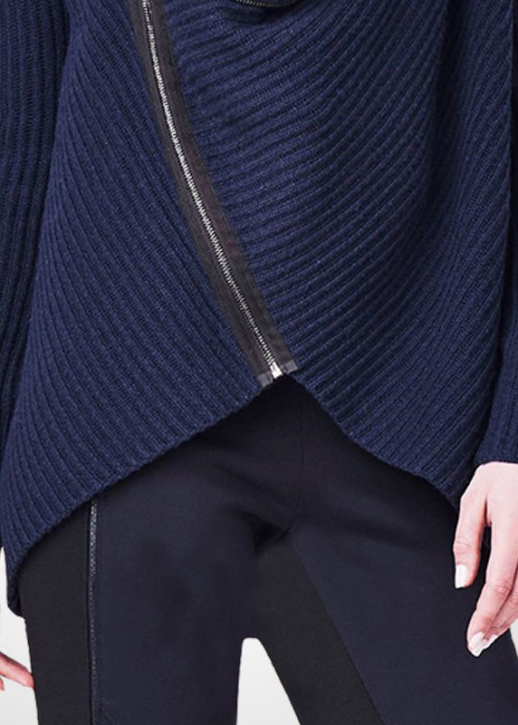 Beautiful Navy Turtle Neck Asymmetrical Zippered Knit Sweater Tops Winter