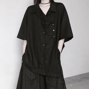 Beautiful Notched Patchwork Tunic Shape Black blouses - SooLinen