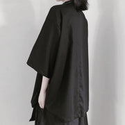 Beautiful Notched Patchwork Tunic Shape Black blouses - SooLinen