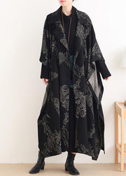 Beautiful Notched asymmetric Plus Size coats women black print silhouette coats - SooLinen