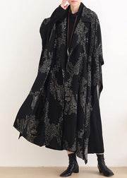 Beautiful Notched asymmetric Plus Size coats women black print silhouette coats - SooLinen