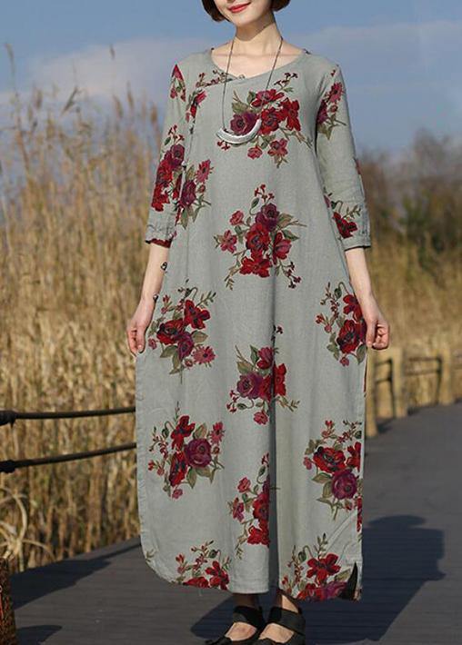 Beautiful O Neck Pockets Spring Tunic Work Outfits Chinese Rose Flower Long Dress - SooLinen