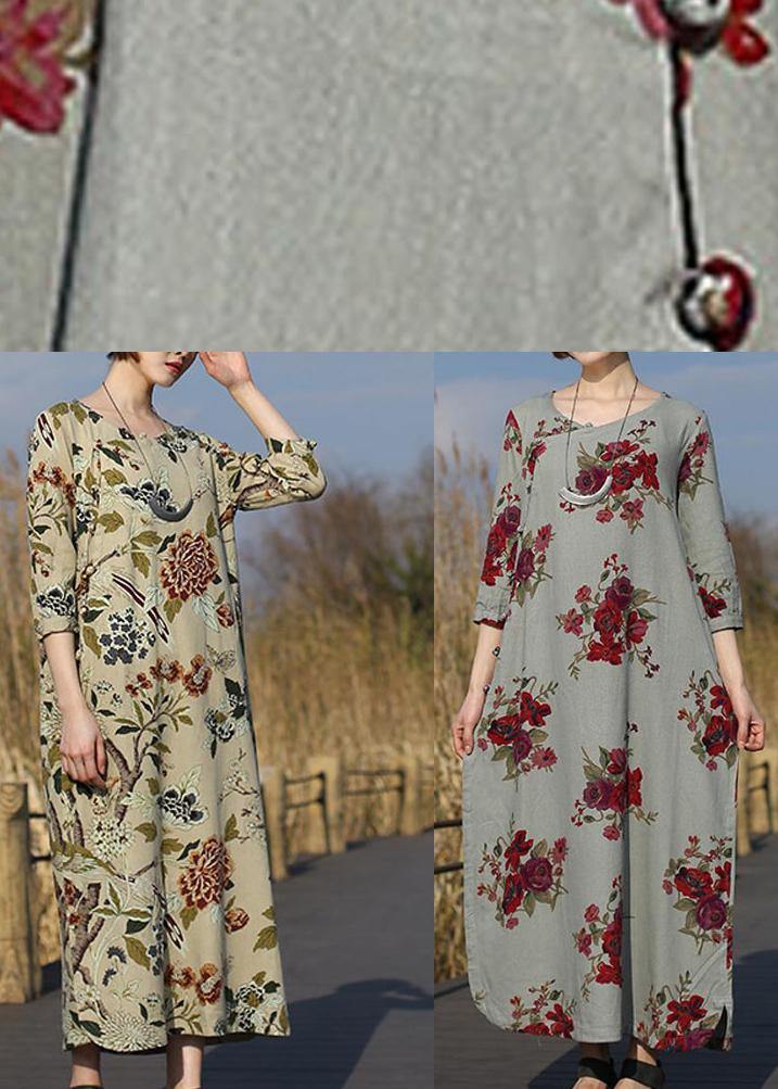 Beautiful O Neck Pockets Spring Tunic Work Outfits Chinese Rose Flower Long Dress - SooLinen