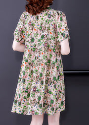 Beautiful O-Neck Print Wrinkled Chiffon Mid Dresses Short Sleeve