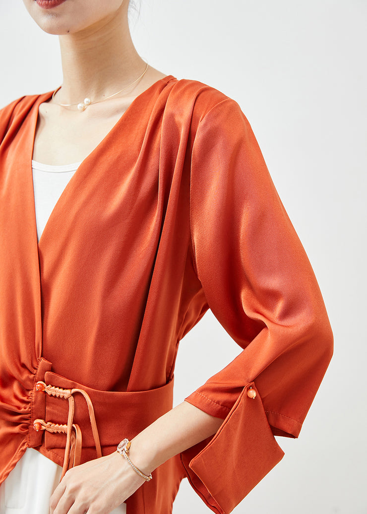 Beautiful Orange Asymmetrical Cinched Tasseled Silk Top Fall