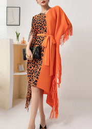 Beautiful Orange Asymmetrical Design Patchwork Tie Waist Tassel Long Dress Fall