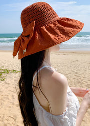 Beautiful Orange Hollow Out Patchwork Knit Floppy Sun Hat