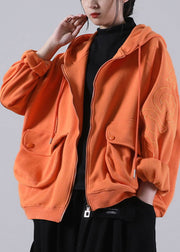 Beautiful Orange Hooded Zippered Pockets Fall Coat Long sleeve