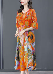 Beautiful Orange O-Neck Oversized Print Silk Dress Half Sleeve