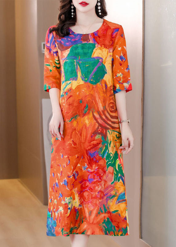 Beautiful Orange O Neck Print Patchwork Silk Dress Summer