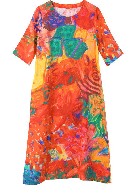 Beautiful Orange O Neck Print Patchwork Silk Dress Summer