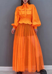 Wunderschöner orangefarbener Peter Pan-Kragen, elastische Taillentasche, Tüll, Patchwork-Hemdkleid, Laternenärmel