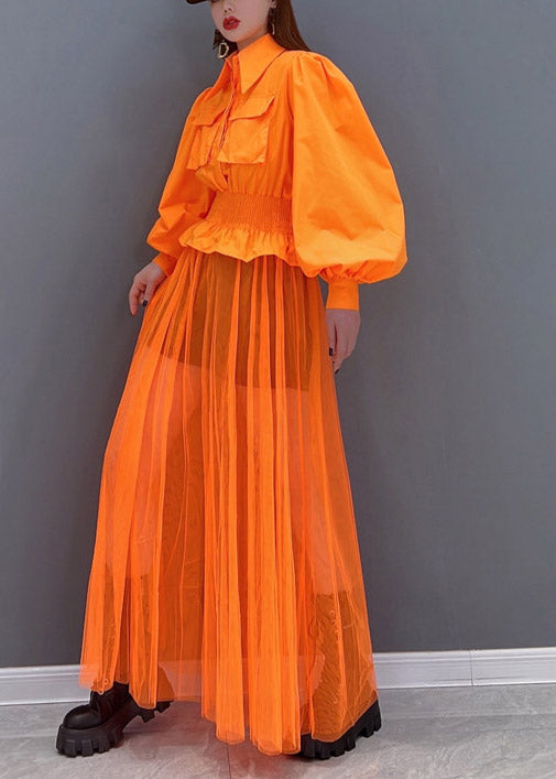 Beautiful Orange Peter Pan Collar Elastic Waist Pocket Tulle Patchwork Shirt Dress lantern sleeve