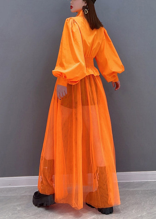 Wunderschöner orangefarbener Peter Pan-Kragen, elastische Taillentasche, Tüll, Patchwork-Hemdkleid, Laternenärmel