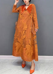 Beautiful Orange Sailor Collar Embroidered Thick Tulle Dress Winter