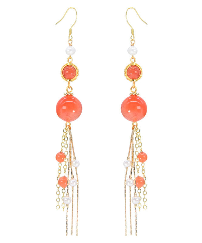 Beautiful Orange Silver Sterling Overgild Agate Pearl Tassel Drop Earrings