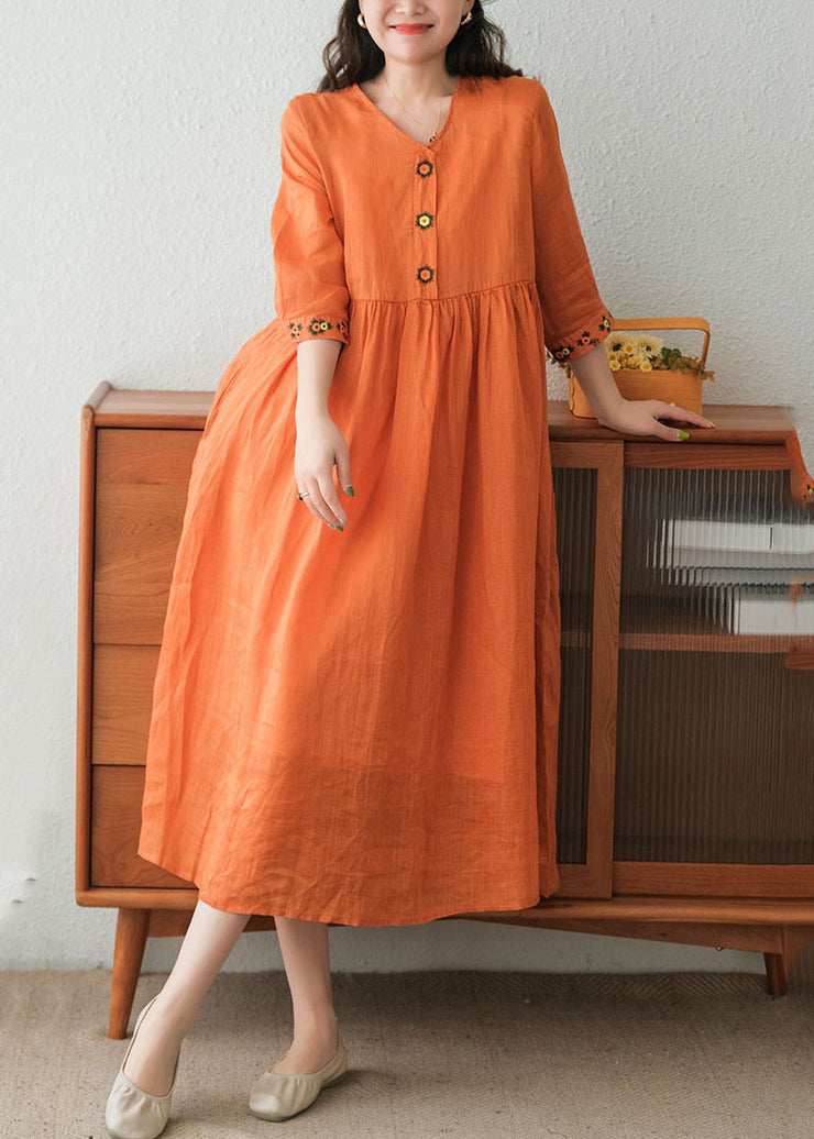 Beautiful Orange Wrinkled Embroidered Linen Dress Two Piece Set Short Sleeve