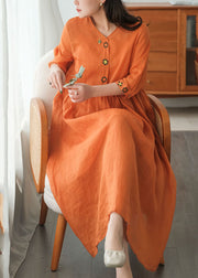 Beautiful Orange Wrinkled Embroidered Linen Dress Two Piece Set Short Sleeve