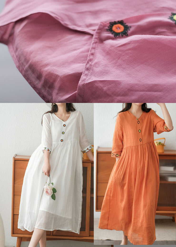 Schönes orangefarbenes, faltiges, besticktes Leinenkleid, zweiteiliges Set mit kurzen Ärmeln