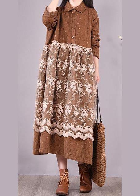Beautiful Patchwork Lace Spring Clothes For Women Catwalk Chocolate Print Long Dresses - SooLinen