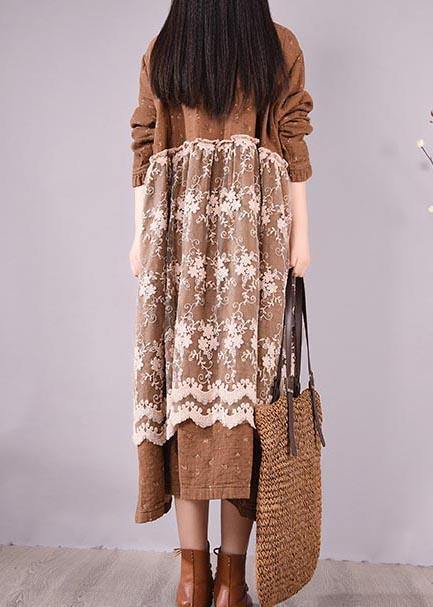 Beautiful Patchwork Lace Spring Clothes For Women Catwalk Chocolate Print Long Dresses - SooLinen