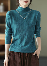 Beautiful Peacock Blue High Neck Solid Wrinkled Cotton Tops Fall