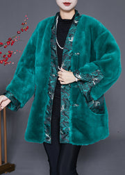 Beautiful Peacock Green Oversized Patchwork Faux Fur Coats Winter