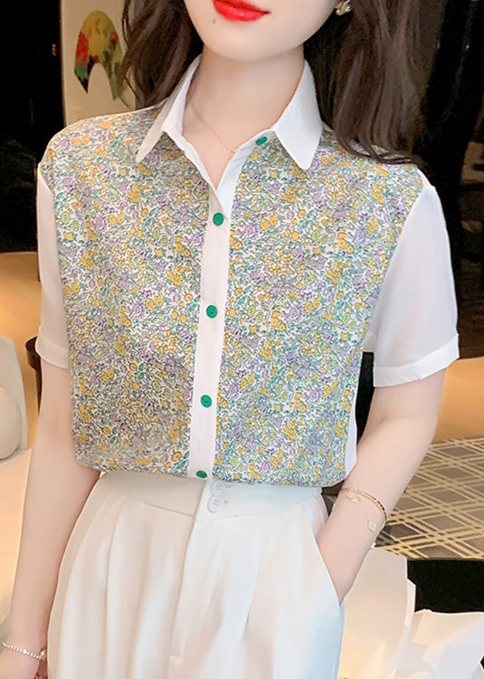 Beautiful Peter Pan Collar Print Button Chiffon Shirt Short Sleeve