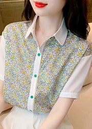 Beautiful Peter Pan Collar Print Button Chiffon Shirt Short Sleeve