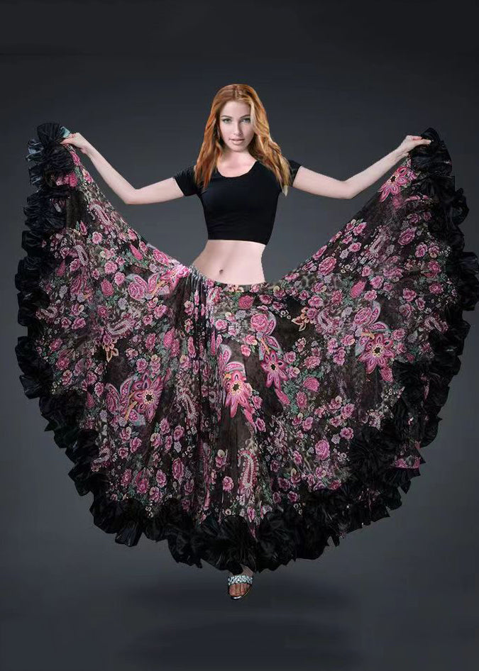Beautiful Photo Color Ruffled Print Exra Large Hem Chiffon Skirt Spring