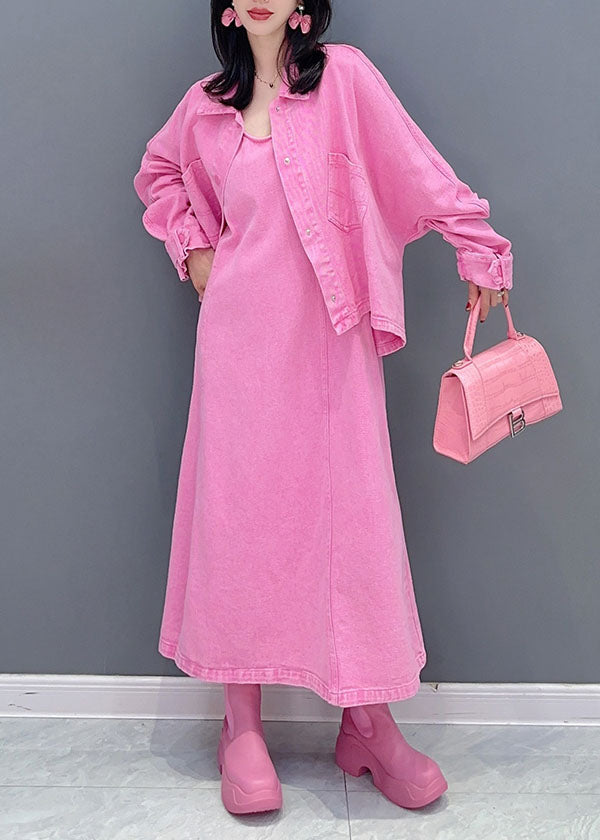 Beautiful Pink Coats And Dress Denim Two Pieces Set Fall