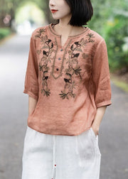 Beautiful Pink Embroideried Button Cotton T Shirt Summer
