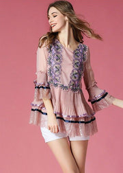 Beautiful Pink Embroidered Lace Patchwork Silk Top Bracelet Sleeve