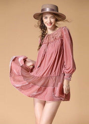 Beautiful Pink Embroidered Lace Up Patchwork Velour Dress Spring