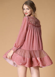 Beautiful Pink Embroidered Lace Up Patchwork Velour Dress Spring