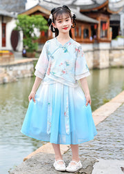 Beautiful Pink Embroidered Patchwork Button Chiffon Kids Long Dresses Half Sleeve