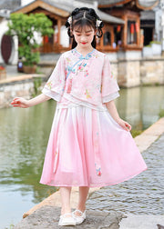 Beautiful Pink Embroidered Patchwork Button Chiffon Kids Long Dresses Half Sleeve